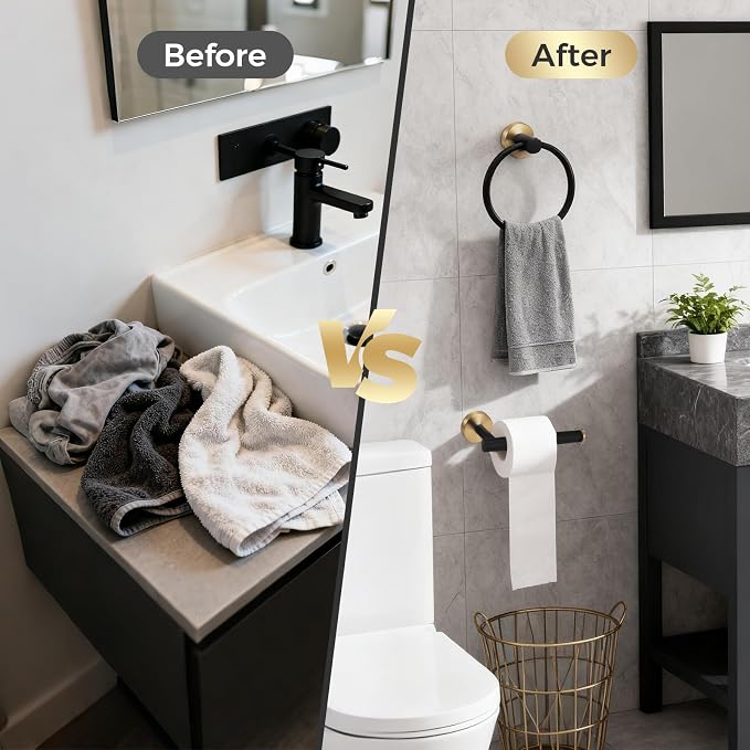 7 Pcs Bathroom Accessories Set, Towel Racks for Bathroom | Black and Gold Bathroom Accessories with Stainless Steel,featuring Bathroom Towel Holder for modern bathroom style.