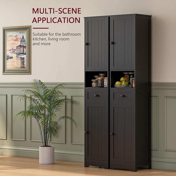 Tall Bathroom Cabinet,Storage Cabinet with 5 Shelves & 1 Drawer, with Adjustable Shelve, for Bathroom, Kitchen, Entryway, Living Room (Black)