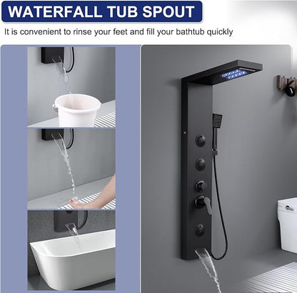 ROVATE 6 in 1 LED Rainfall Waterfall Shower Panel Tower System Matte Black | Stainless Steel Shower Column with Tub Spout, 2-Setting Massage Body Jets and Flexible Handheld, Water Flow Adjustable
