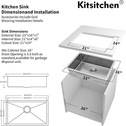 Kitsitchen RV Kitchen Sink,16 Gauge T304 Stainless Steel Undermount Kitchen Sinks, 23" x 16" x 7" Single Bowl Drop In Kitchen Sinks with Accessories,7 inch Deep for Outdoor Camper RV Sink