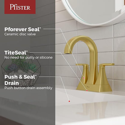Pfister Bruxie Bathroom Sink Faucet, 4-Inch Centerset, 2-Handle, 3-Hole, NSF Certified, Brushed Gold Finish, LF048BIEBG