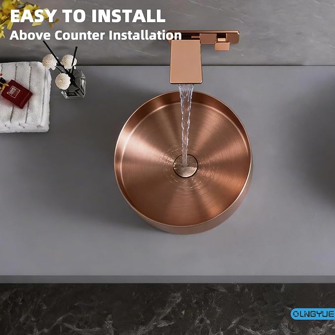 Round Metal Bathroom Vessel Sink: 16" Modern Lavatory Basin - Rose Gold | Above Counter Vanity Washbasin with Stainless Steel PVD Nano Coating Pop Up Drain for Home Hotel Office Toilet Renovation