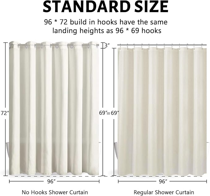 Furlinic Extra Wide No Hook Shower Curtain,96 Inch Width Beige Fabric Shower Curtains with 12 Plastic Built-in Hooks,Waterproof & Machine Washable Hotel Style for Bathroom,96x72 Inch
