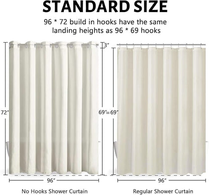 Furlinic Extra Wide No Hook Shower Curtain,96 Inch Width Beige Fabric Shower Curtains with 12 Plastic Built-in Hooks,Waterproof & Machine Washable Hotel Style for Bathroom,96x72 Inch