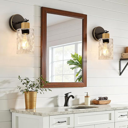 Set of 2 Wall Sconces for Bathroom, Coastal Modern Vanity Lights with Clear Glass Shade, Brown and Gold Bathroom Wall Lamp for Mirror Kitchen Living Room Hallway Cabinet Porch
