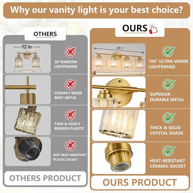 4-Light Gold Bathroom Light Fixtures, 29.1" Bathroom Vanity Light with Clear Crystal Shades, E26 Base Modern Wall Lighting Sconces, Vanity Lights for Bathroom Powder Room
