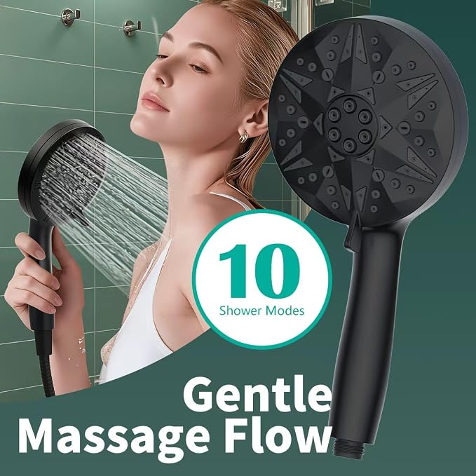 Matte Black Filtered Handheld Shower Head – 10 Spray Modes with Rain & Massage, Built-in Filter, Anti-Clog Nozzles, Power Rinse for Tile & Pets, Easy to Install