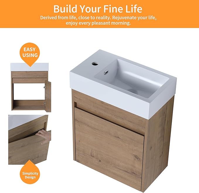 18" Bathroom Vanity with Sink Combo, Wall Mounted Floating Vanity Cabinet for Small Bathroom, Soft-Close Door, Ight dern Farmhouse Vanity with Waterproof Plywood