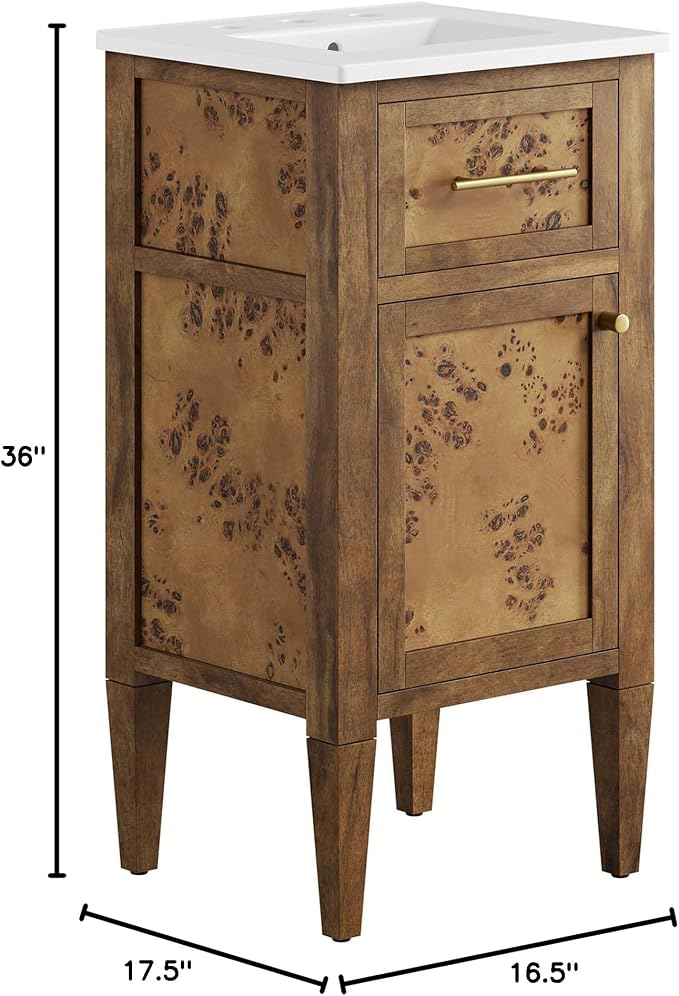 Modway Elysian 18" Burl Wood Bathroom Vanity in White Brown with Ceramic Sink Basin