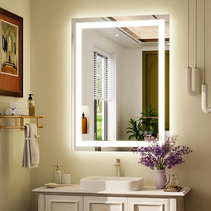 XRAMFY 38''X26'' LED Bathroom Mirror, Wall Mirror with Lights | Wall Mirror with Front and Backlight, 3 Colors Vanity Mirror with Lights, Anti-Fog Wall Mirror for Bathroom