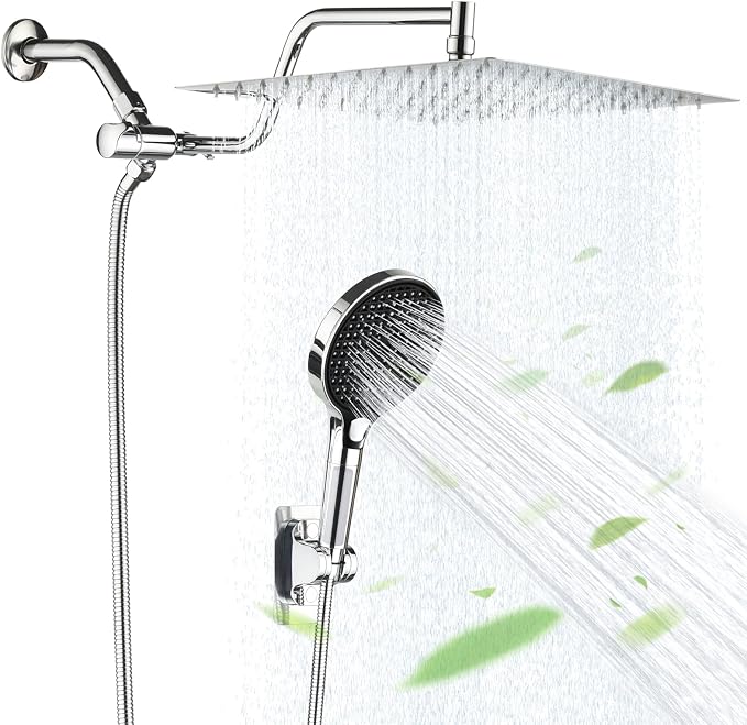 Rainfall Shower Head,12 Inch Rain High Pressure Shower Head with Spray Combo,14 Inch Adjustable Extension Arm and 3 Spray Filtered Shower Head with Filters,79 Inch Long Shower Hose, Silver Chrome