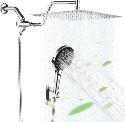 Rainfall Shower Head,12 Inch Rain High Pressure Shower Head with Spray Combo,14 Inch Adjustable Extension Arm and 3 Spray Filtered Shower Head with Filters,79 Inch Long Shower Hose, Silver Chrome