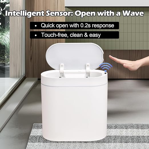 ELPHECO Bathroom Motion Sensor Trash can 2.5 Gallon Automatic Garbage Can, 9.5L Slim Plastic Smart Trash Bin with Lid Bathroom Decor, Sensor Garbage can for Bedroom, Kitchen, Office, White