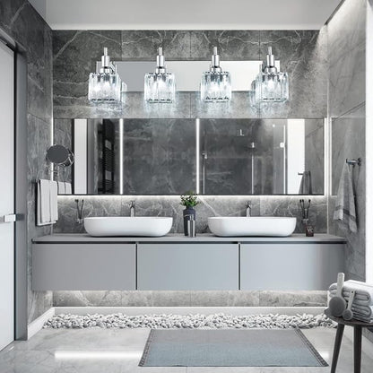 Modern Crystal Bathroom Vanity Light 4-Light Wall Light Fixtures Over Mirror Chrome Vanity Lighting for Bathroom Square Shade Wall Sconce