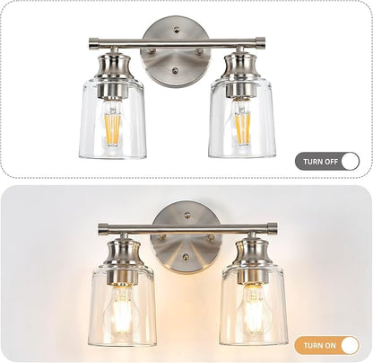 Bathroom Light Fixtures Over Mirror, 2 Lights Vanity Lights with Clear Glass Shade, 12.1" Brushed Nickel Farmhouse Bathroom Wall Light Fixtures for Bedroom, Hotel, Mirror Cabinet