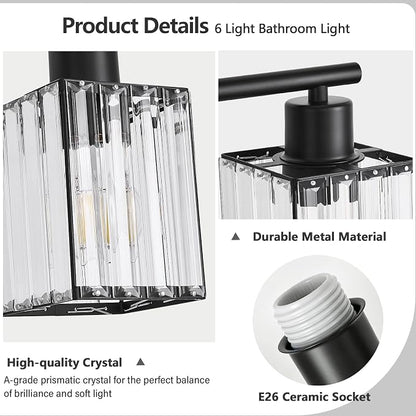 6 Light Bathroom Light Fixtures, Modern Crystal Vanity Lights over Mirror | Metal Frame, Bathroom Light with Square Crystal Shade, ETL Certified, E26 Ceramic Socket, Bulbs Not Included