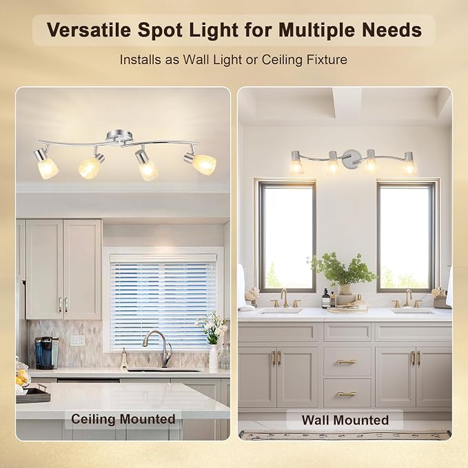 HiBay 4-Light Track Lighting Modern, Adjustable Ceiling Light Fixture | with Glass Shades, Metal Chrome Spotlight Indoor for Bathroom, Kitchen, Living Room, E12 Base, No Bulbs
