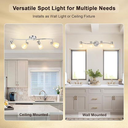 HiBay 4-Light Track Lighting Modern, Adjustable Ceiling Light Fixture | with Glass Shades, Metal Chrome Spotlight Indoor for Bathroom, Kitchen, Living Room, E12 Base, No Bulbs