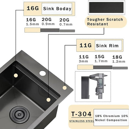 15x20 Inch Gunmetal Black Drop-in Bar Sink, Single Bowl, 16 Gauge Stainless Steel, Topmount, Modern, Workstation Sink with Accessories