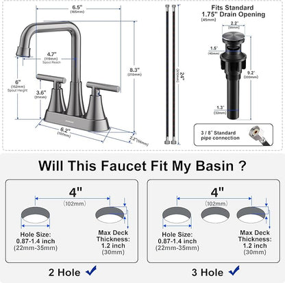 Bathroom Sink Faucet, Hurran Brushed Grey Bathroom Faucets for Sink 3 Hole with Pop-up Drain and Supply Hoses, 360 Swivel Spout 2-Handle Centerset Faucet for Vanity RV Farmhouse