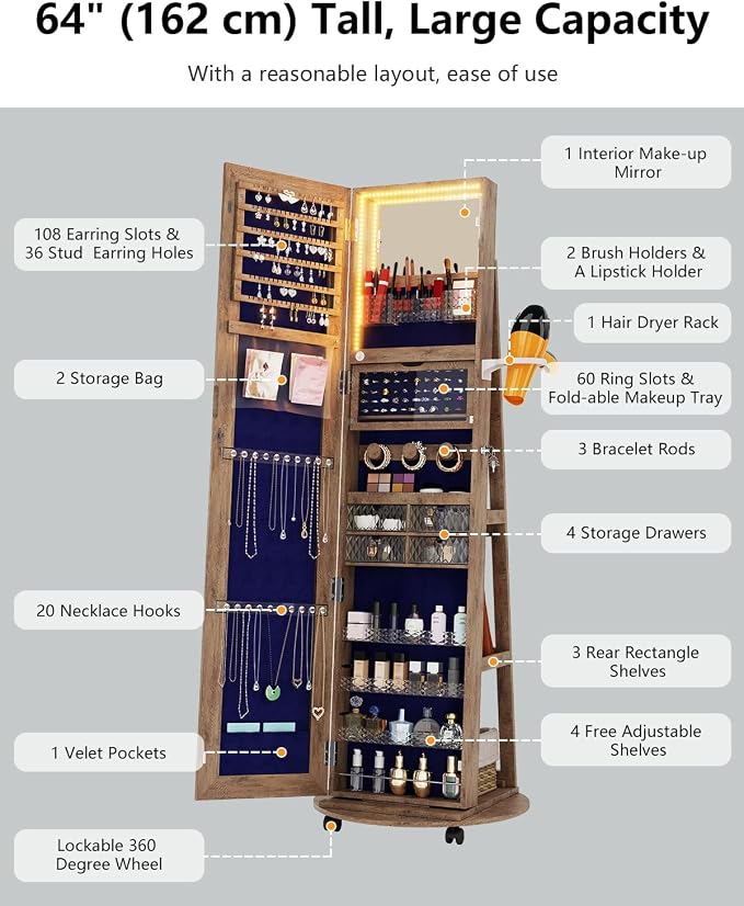 Jewelry Armoire with Full-Length Mirror, Lock and 360° Swivel Base - Walnut | SKKTKT Lockable Jewelry Cabinet - Lighted Mirror, Rotating Storage and Standing Organizer