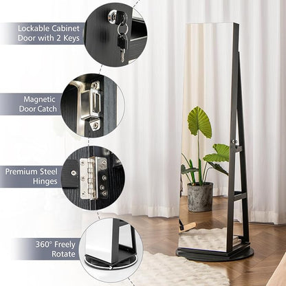 CHARMAID 360° Swivel Jewelry Armoire with Full Length Mirror, Rear Storage Shelves, Lockable Standing Jewelry Cabinet Organizer with Interior Vanity Mirror and 3-Color Lights (Black)