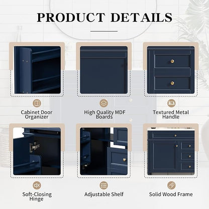 36'' Bathroom Vanity with Top Single Resin Sink Countertop Combo, Solid Wood Frame Modern Organizer Storage Cabinet, Tip-Out Drawer, Soft Closing Doors, Free Standing, Blue