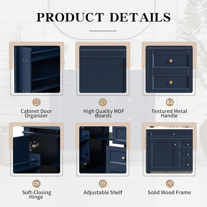 36'' Bathroom Vanity Without Sink, Solid Wood Frame Modern Organizer Storage Cabinet, Tip-Out Drawer, Soft Closing Doors, Free Standing, Blue