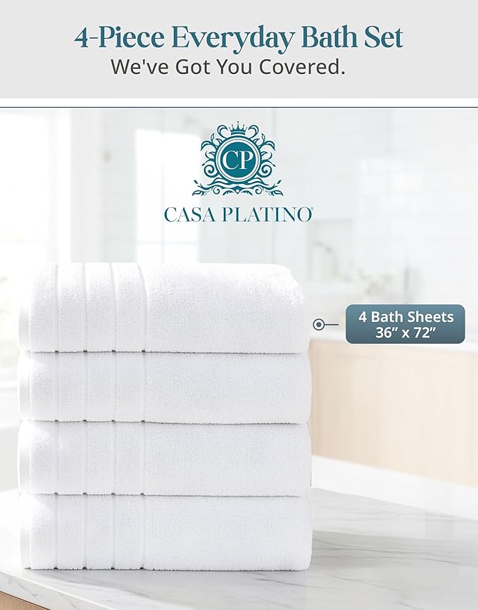 Casa Platino 100% Cotton 4 Pack Bath Sheets (36"x72") - Ring Spun Cotton - Extra Large Bath Towels Set - Quick Drying, Soft & Absorbent Oversized Bathroom Towel Sets - Hotel Quality - White Towels
