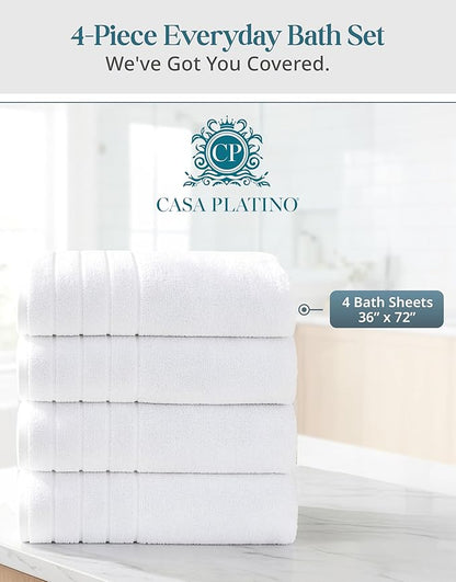 Casa Platino 100% Cotton 4 Pack Bath Sheets (36"x72") - Ring Spun Cotton - Extra Large Bath Towels Set - Quick Drying, Soft & Absorbent Oversized Bathroom Towel Sets - Hotel Quality - White Towels