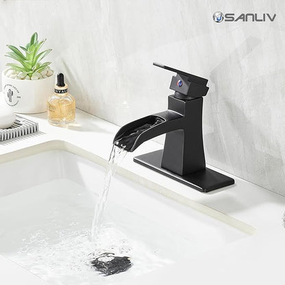 Black Waterfall Bathroom Faucet, One-Handle Bathroom Faucets for Sink 1 or 3 Hole, Matte Black Vanity Faucet, Single Hole Restroom Sink Faucet with Pop Up Drain