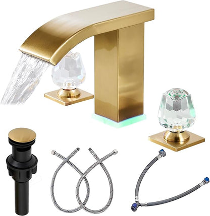 Brushed Gold Bathroom Faucet with LED Temperature Display & Waterfall Spout, 3 Hole Widespread Brass Faucet for Bathroom Sink, Modern 8 Inch Touch On 2 Handle Crystal Handle
