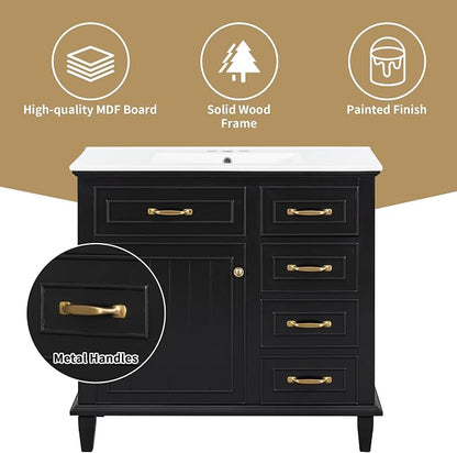 36" Bathroom Vanity with Ceramic Sink Top, Soft-Close Door & Flip Drawers, Freestanding Storage Cabinet W/Adjustable Shelf, Solid Wood Frame for Bathrooms, Powder Room, Guest Bath,Black