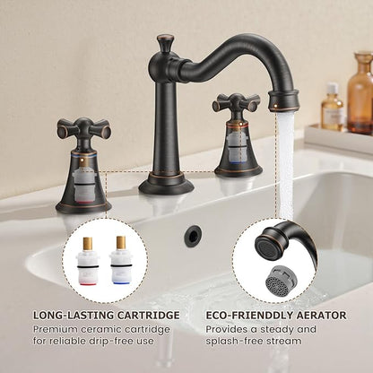 Hurran 8 Inch Widespread Bathroom Sink Faucet ORB, 3 Hole 2 Cross Handles Classic Vintage Antique Faucet with Metal Pop Up Drain and Supply Hoses for Vanity, RV, Farmhouse