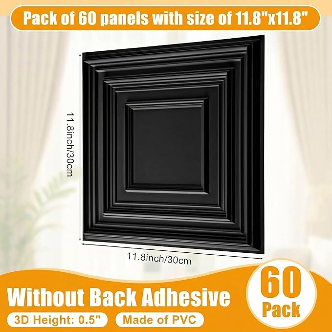 Nuanchu 60 Pcs Drop Ceiling Tiles 12x12 Inch, Glue up PVC Wall Panels,Black | Cuttable, Paintable, DIY, Waterproof, 3D Decorative Ceiling Panels for Bathroom Kitchen TV Background Living Room