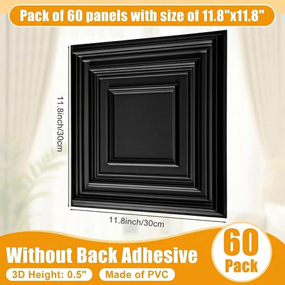 Nuanchu 60 Pcs Drop Ceiling Tiles 12x12 Inch, Glue up PVC Wall Panels,Black | Cuttable, Paintable, DIY, Waterproof, 3D Decorative Ceiling Panels for Bathroom Kitchen TV Background Living Room