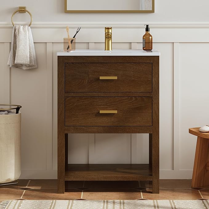 24 Inch Bathroom Vanity with Sink, Farmhouse Storage Cabinet with Drawers & Open Storage Shelf, Easy Assembly, Adjustable Feet, Walnut