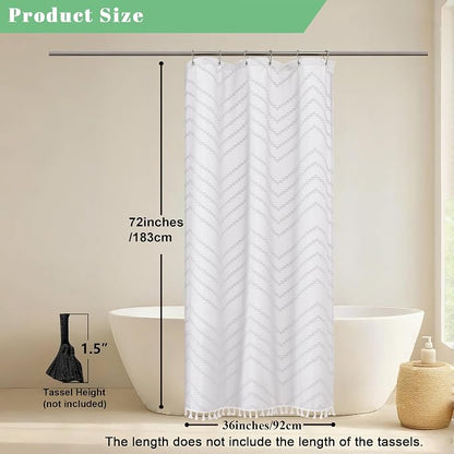 Small Boho Stall Shower Curtain, White Fabric Cloth Stall Shower Curtain 36 x 72 Half Size with Tassel Tufted Chevron Striped Textured Modern Farmhouse for Bathroom, Machine Washable