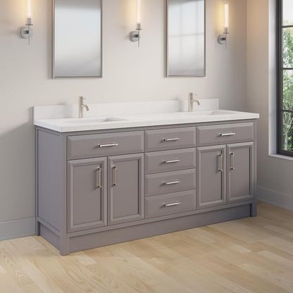 Capri III 72" Double Sink Bathroom Vanity With Stealth Organizer, Solid Wood Bathroom Cabinet with Engineered Stone Countertop & Backspalsh, Soft Closing Door & Drawer, Pre-Assembled, Mink