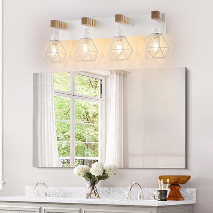 maesta 4 Light Bathroom Vanity Light, Farmhouse White Fixture Over Mirror | Farmhouse Bathroom Light Fixtures, Wood & Metal, Anti-Rust Easy to Install for Rustic Bathroom Hallway