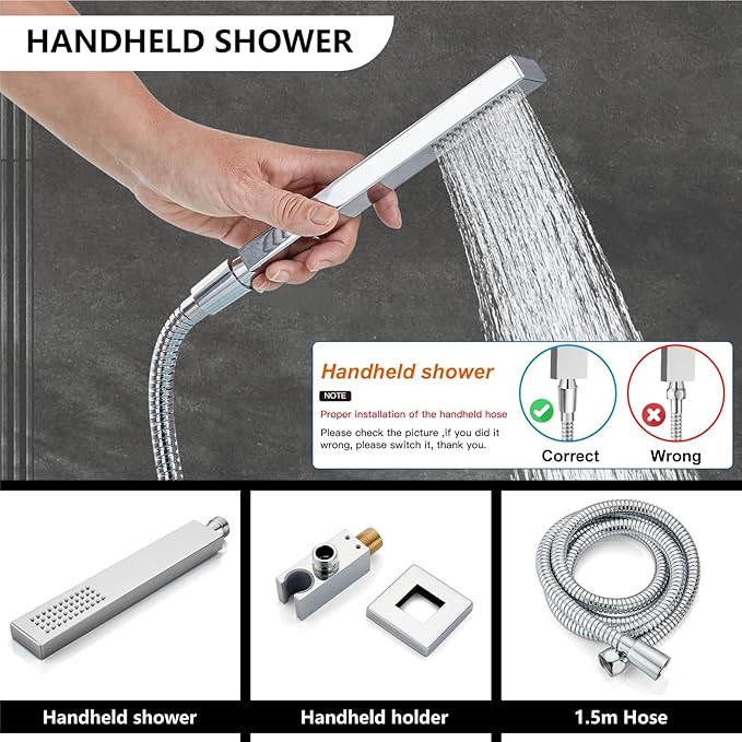 Midanya Shower Faucet Set,Wall Mount Shower System with Square Rain Shower Head and Hand Sprayer, Rough-in Valve Body and Trim Kit Included,10 Inch,Polish Chrome