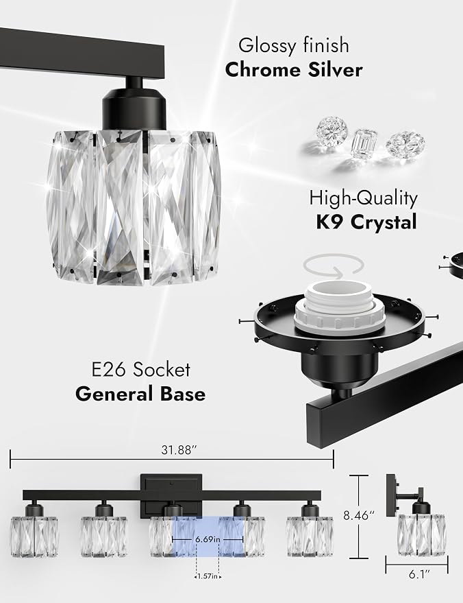 VOLISUN Crystal Vanity Lights for Bathroom, 5 Light Bathroom Vanity Light, Modern Matte Black Bathrooms Light Over Mirror, Black Bathrooms Lights Fixtures-UL Certificated(Exclude Bulb)