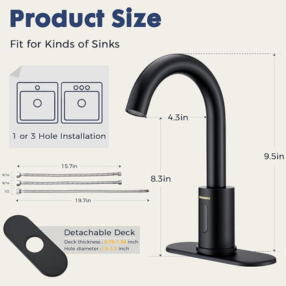 Touchless Bathroom Faucets for 1 or 3 Hole, Tall Body Automatic Bathroom Sink Faucets with Deck Plate,Motion Sensor Commercial Faucets for Bathroom&Kitchen,360° Swivel Spout,Black