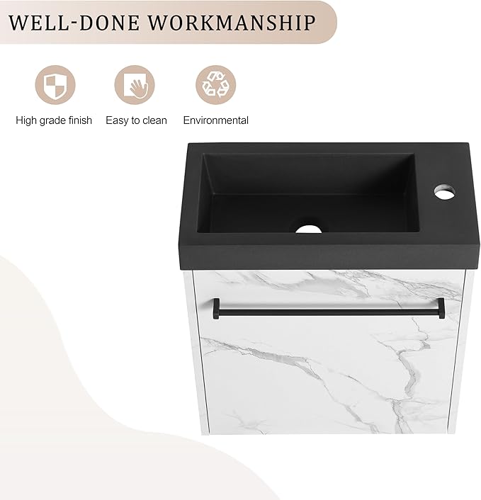 KEIKI 20'' Bathroom Vanity Cabinet with Sink, Wall Mounted Floating Bathroom Vanity with Soft-Close Cabinet Door, for Small Bathroom, Carrara Black