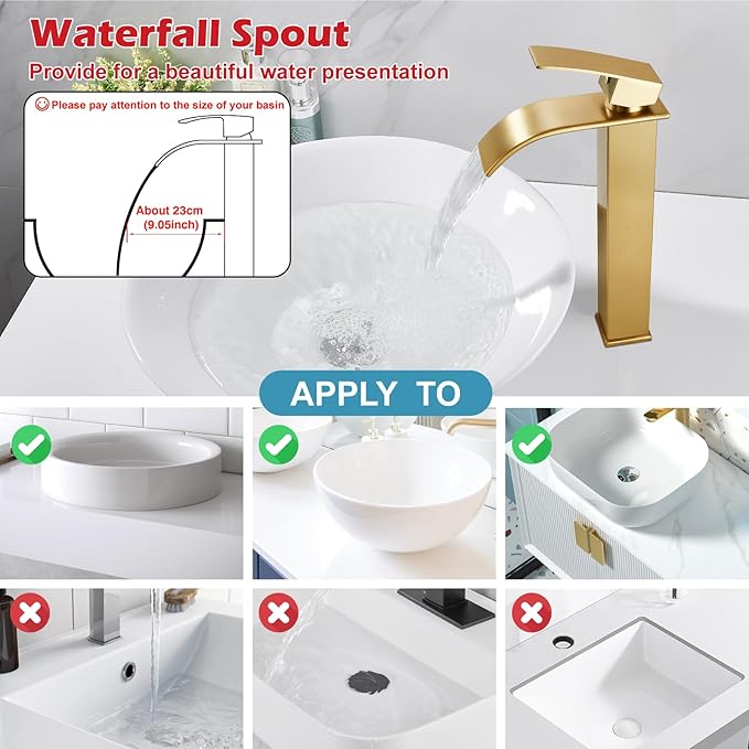 Midanya Waterfall Spout Bathroom Faucet Single Handle 1 Hole Bathroom Sink Faucet,Modern RV Lavatory Vanity Basin Tap with Water Hose,No Drain,Tall Body,Brushed Gold