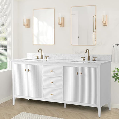 HOMEBEYOND 72" Bathroom Vanity with Double Sink, Solid Wood Bathroom Vanity Free-Standing Cabinet, Ceramic Top & Soft Closing Door, Golden Brushed Handware, White