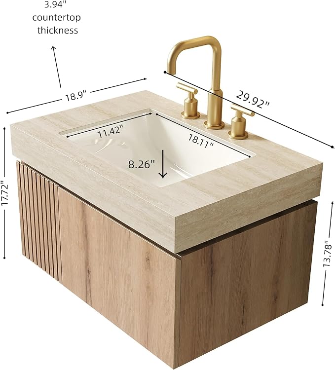 KEIKI 30 Inch Floating Bathroom Vanity with Sink, Modern Wall Mounted Storage Cabinet with Drawer, Pre-assembled Waterproof Wood Panels, Sintered Stone Top & Ceramic Basin Combo Set, White Oak & Beige