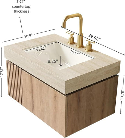 KEIKI 30 Inch Floating Bathroom Vanity with Sink, Modern Wall Mounted Storage Cabinet with Drawer, Pre-assembled Waterproof Wood Panels, Sintered Stone Top & Ceramic Basin Combo Set, White Oak & Beige