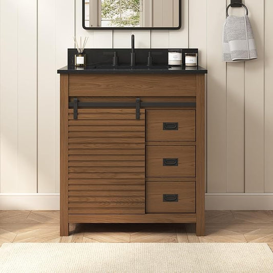 30 Inch Bathroom Vanity with Sink, Farmhouse Solid Wood Frame Vanity with Sink, Sliding Barn Door Bathroom Storage Cabinet with Soft-Closing Dovetail Drawers, Brown Oak