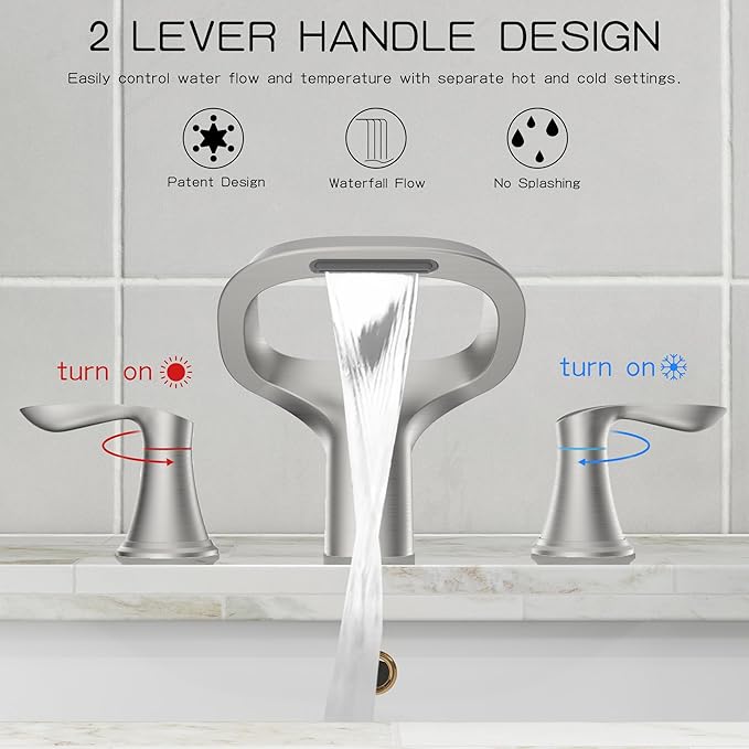 Bathroom Faucet 3 Hole, Brushed Nickel Bathroom Sink Faucets with 2 Handle, Solid Brass Modern Widespread Vanity Faucet with Hoses for 6 to 12 Inch Sinks